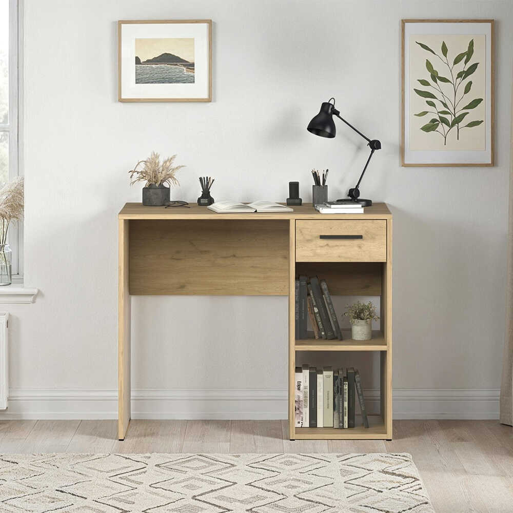 Birou Modern Adore Concept cu Sertar și 2 Rafturi, Alb - Maro - Stejar - Antracit, 90x52x75 cm - Stejar