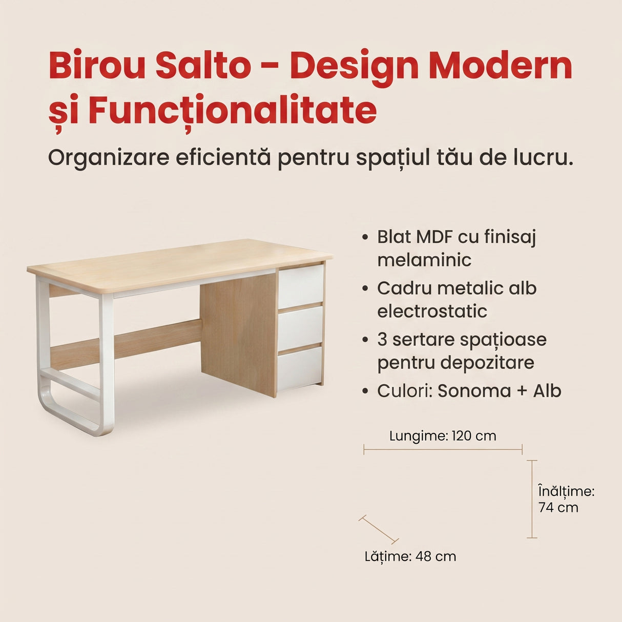 Birou Modern Salto cu 3 Sertare, Natural, 120x48x74 cm