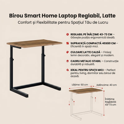 Birou Smart Home Laptop Reglabil, Latte, Natur, 40x60x43-73 cm, detaliu produs
