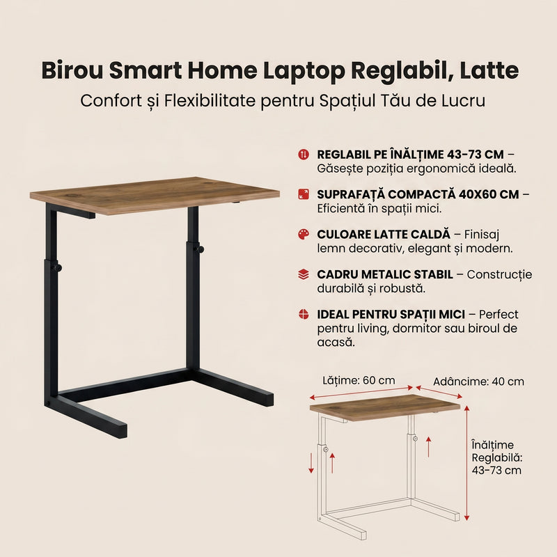 Birou Smart Home Laptop Reglabil, Latte, Natur, 40x60x43-73 cm, detaliu produs