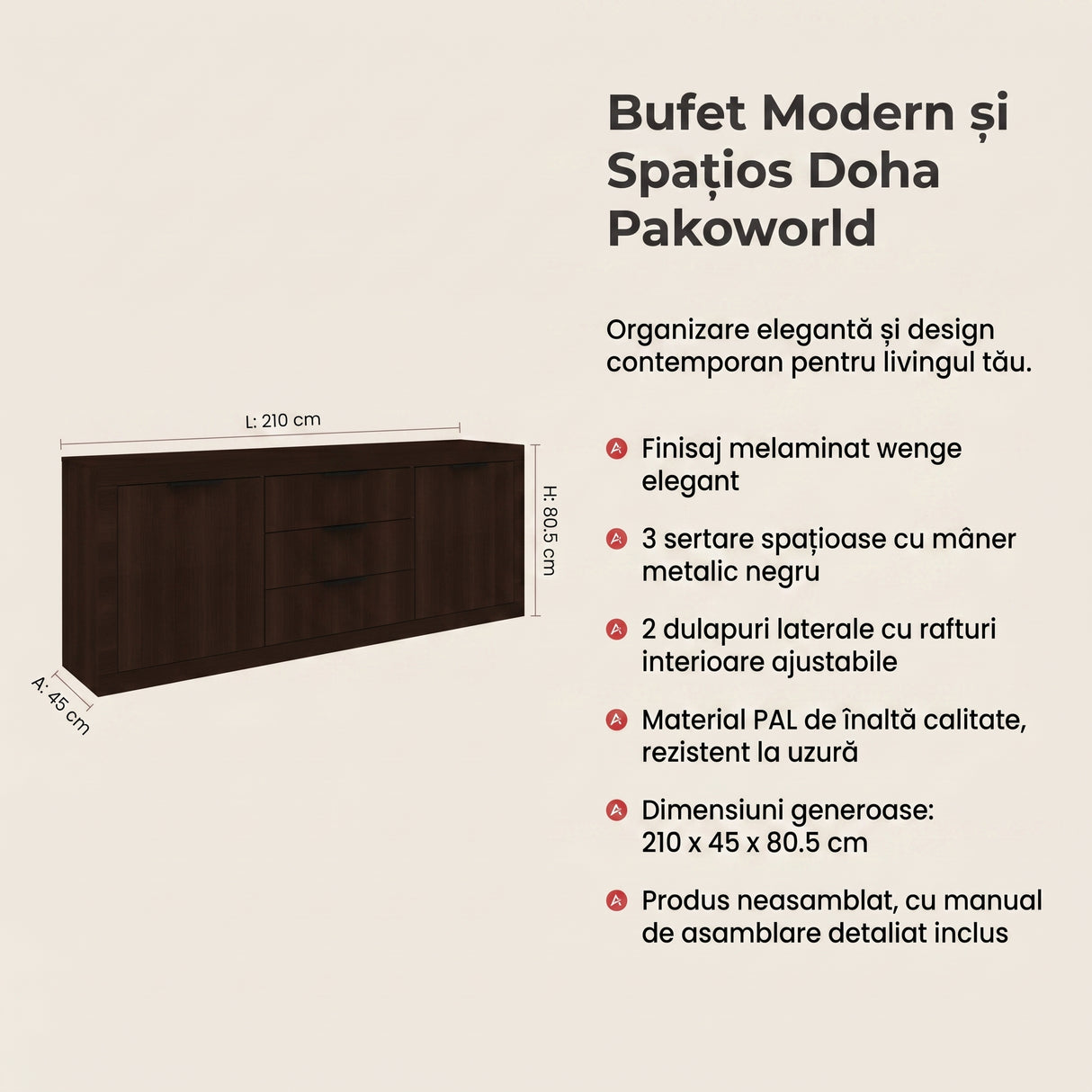 Bufet cu funcție de depozitare Doha, Wenge, 210x45x80 cm - Nuc