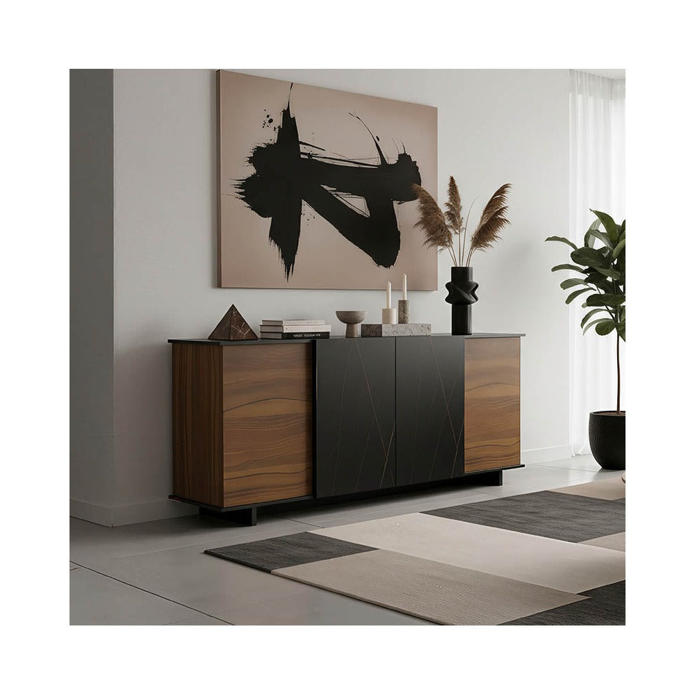 Bufet cu functie de depozitare Zafore, Lemn, Nuc/Marble Negru, 180x45x80 cm