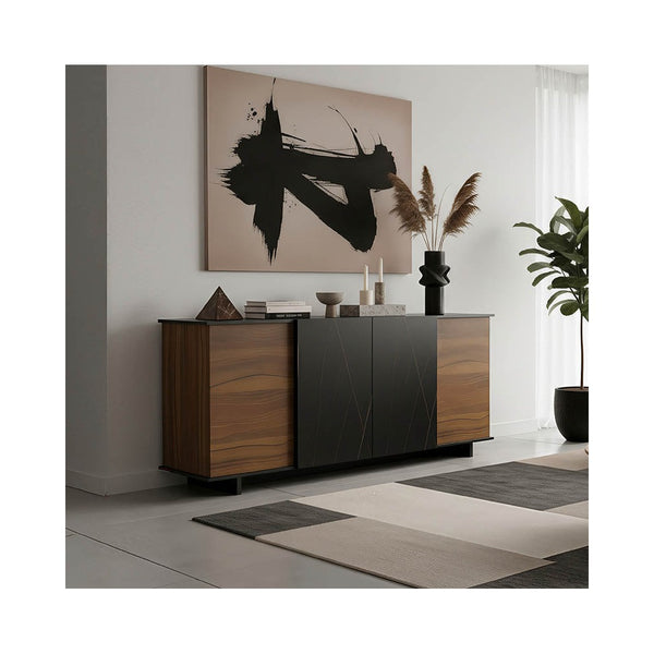 Bufet cu functie de depozitare Zafore, Lemn, Nuc/Marble Negru, 180x45x80 cm