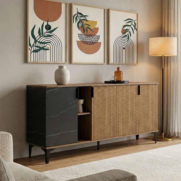 Bufet modern cu aspect marmură Riba, stil elegant, materiale, nuc-negru, 180x40x78 cm