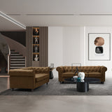 Canapea cu 3 locuri de tip Chesterfield, din tesatura maro antichizata, 203x84x67 cm