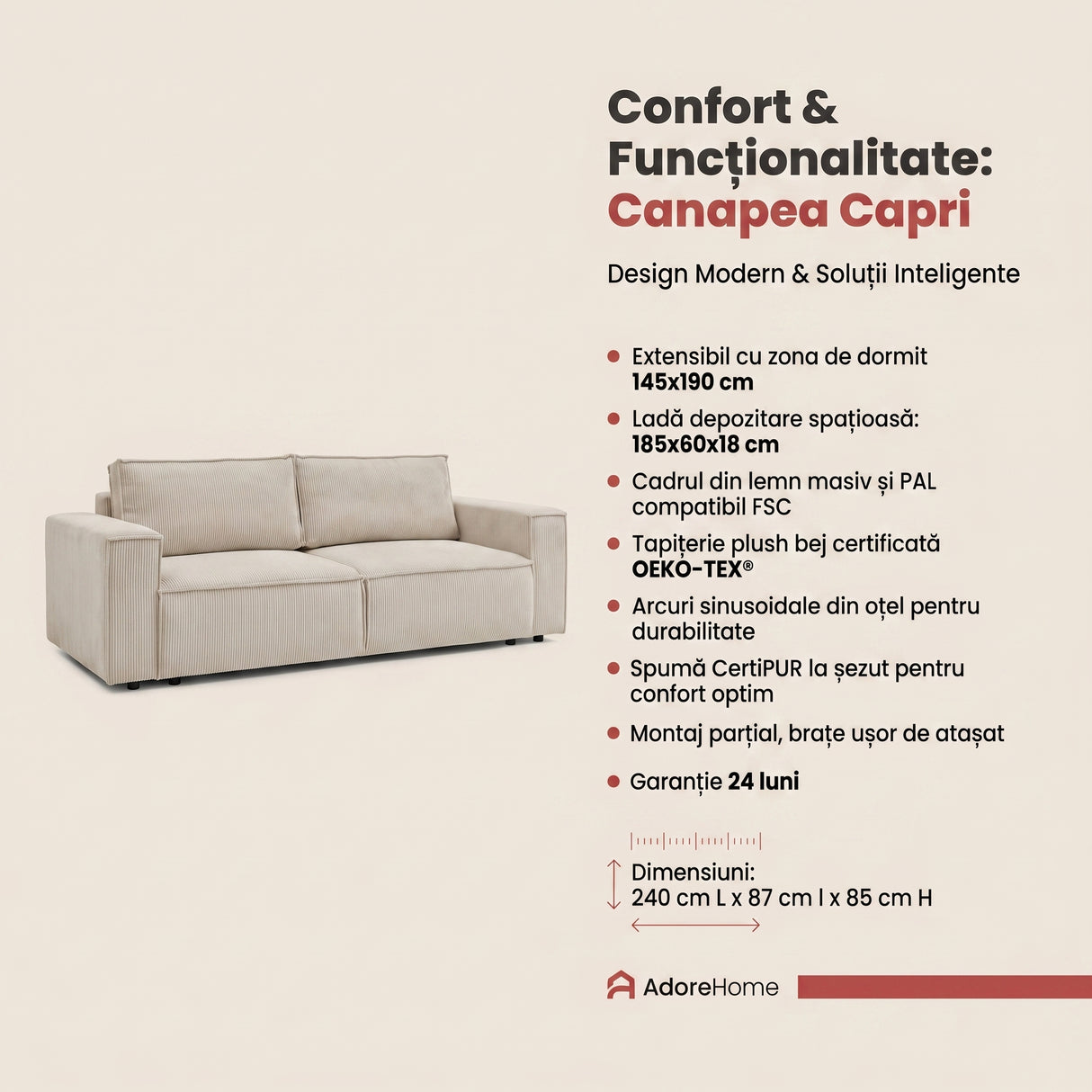 Canapea extensibila 3 locuri Capri cu lada de depozitare, Bej - Gri, 240x87x85 cm - Bej