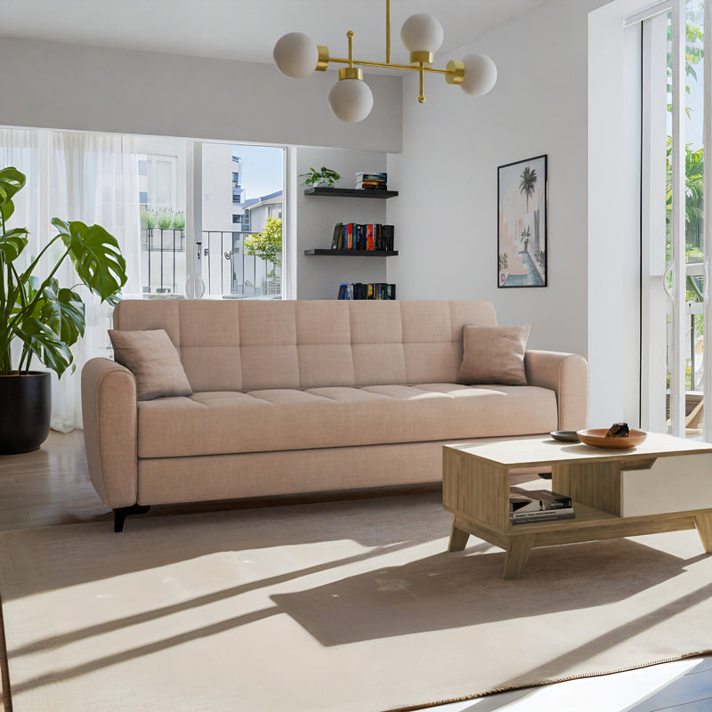 Canapea extensibila cu depozitare pentru trei persoane Lincoln, tesatura antracit, 225x85x90 cm, 85x225 cm - Bej