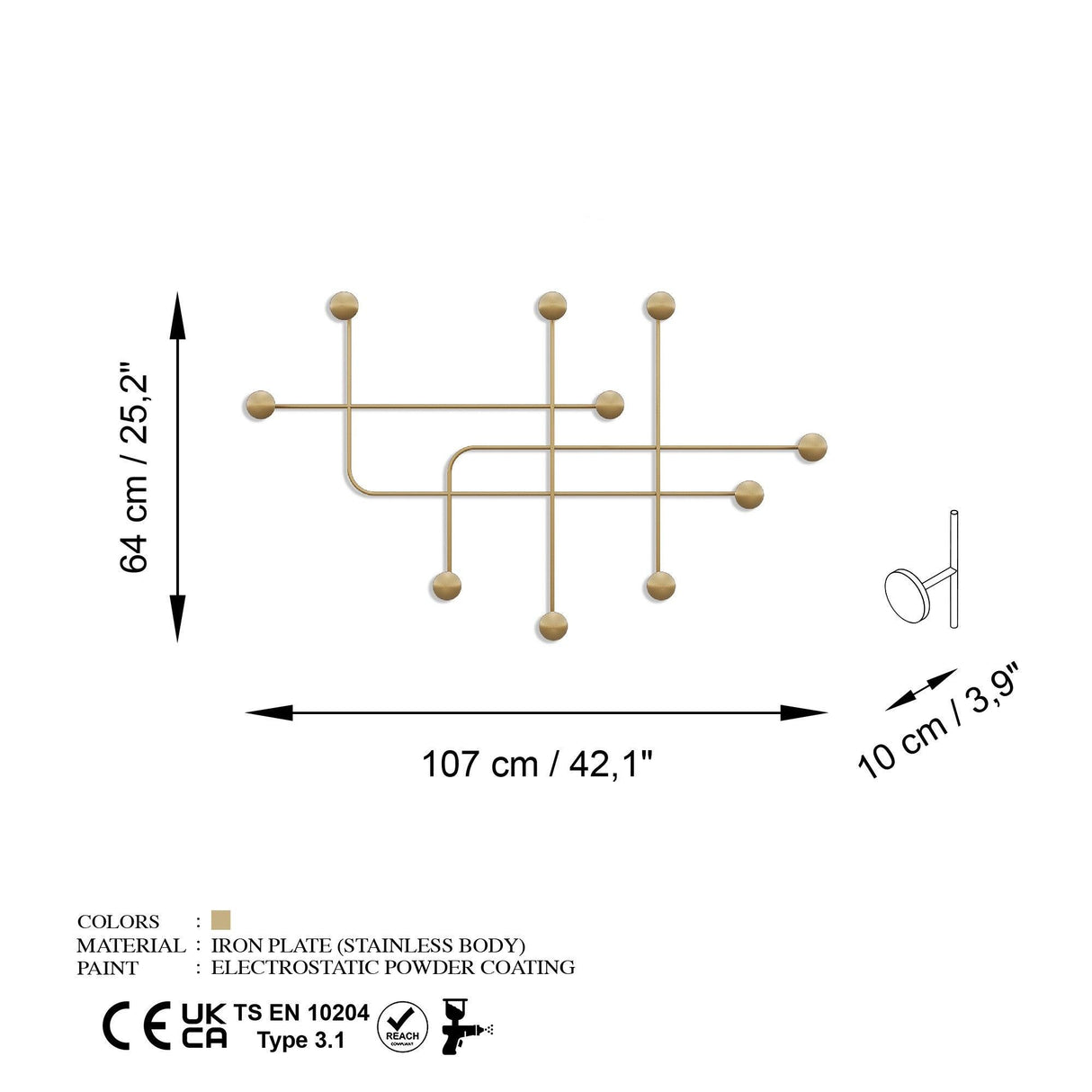 Cârlig de perete metalic Samara-A, Aur, 10x64x107 cm