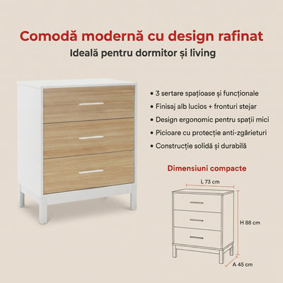Comoda Adore London, 3 sertare, Alb - Stejar, 73x88x45 cm, detaliu produs
