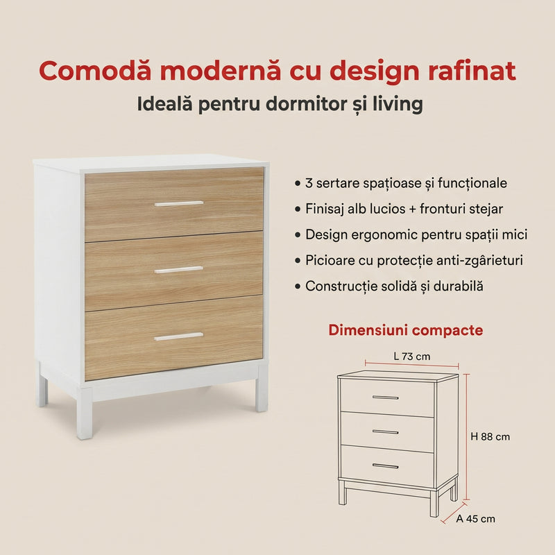 Comoda Adore London, 3 sertare, Alb - Stejar, 73x88x45 cm, detaliu produs