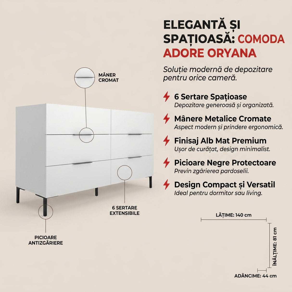 Comoda Adore Oryana, 3 sertare, Alb - Nuc, 140x81x44 cm - Alb