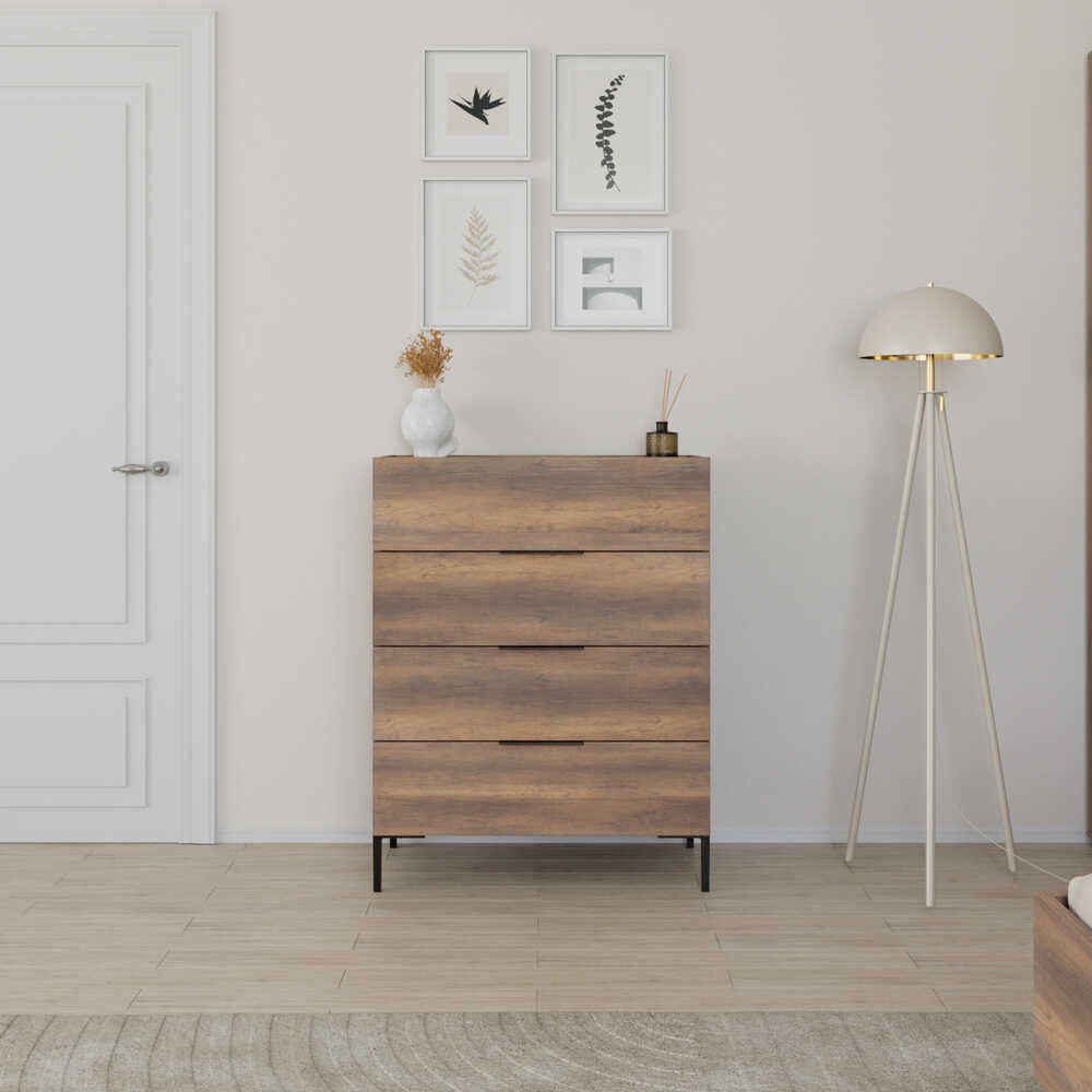 Comoda Adore Oryana, 4 sertare, Alb - Nuc - Stejar, 80x104x44 cm - Nuc