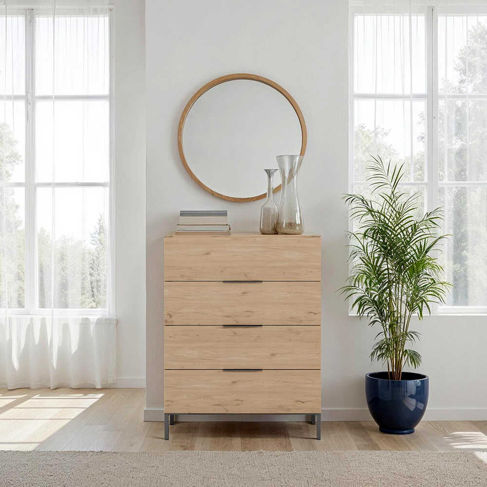Comoda Adore Oryana, 4 sertare, Alb - Nuc - Stejar, 80x104x44 cm - Stejar