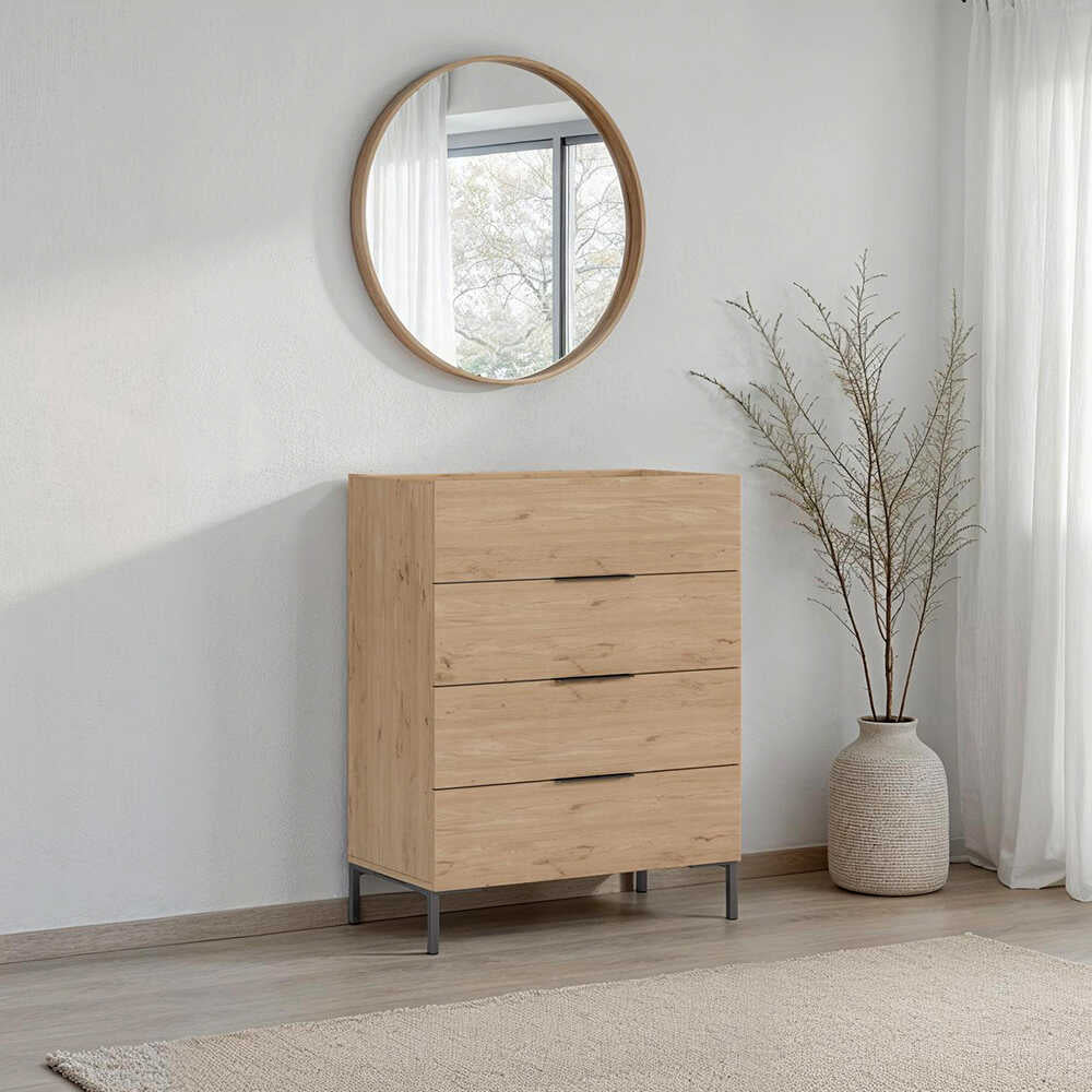 Comoda Adore Oryana, 4 sertare, Alb - Nuc - Stejar, 80x104x44 cm - Stejar