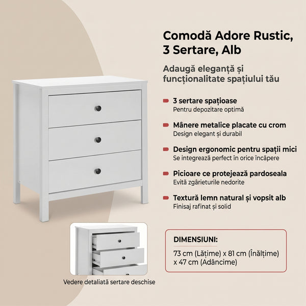 Comoda Adore Rustic, 3 sertare, Alb, 73x81x47 cm