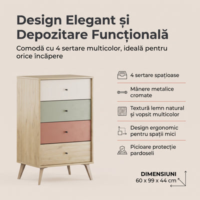 Comoda Adore Tiffany, 4 sertare, Multicolor, 60x99x44 cm, detaliu produs