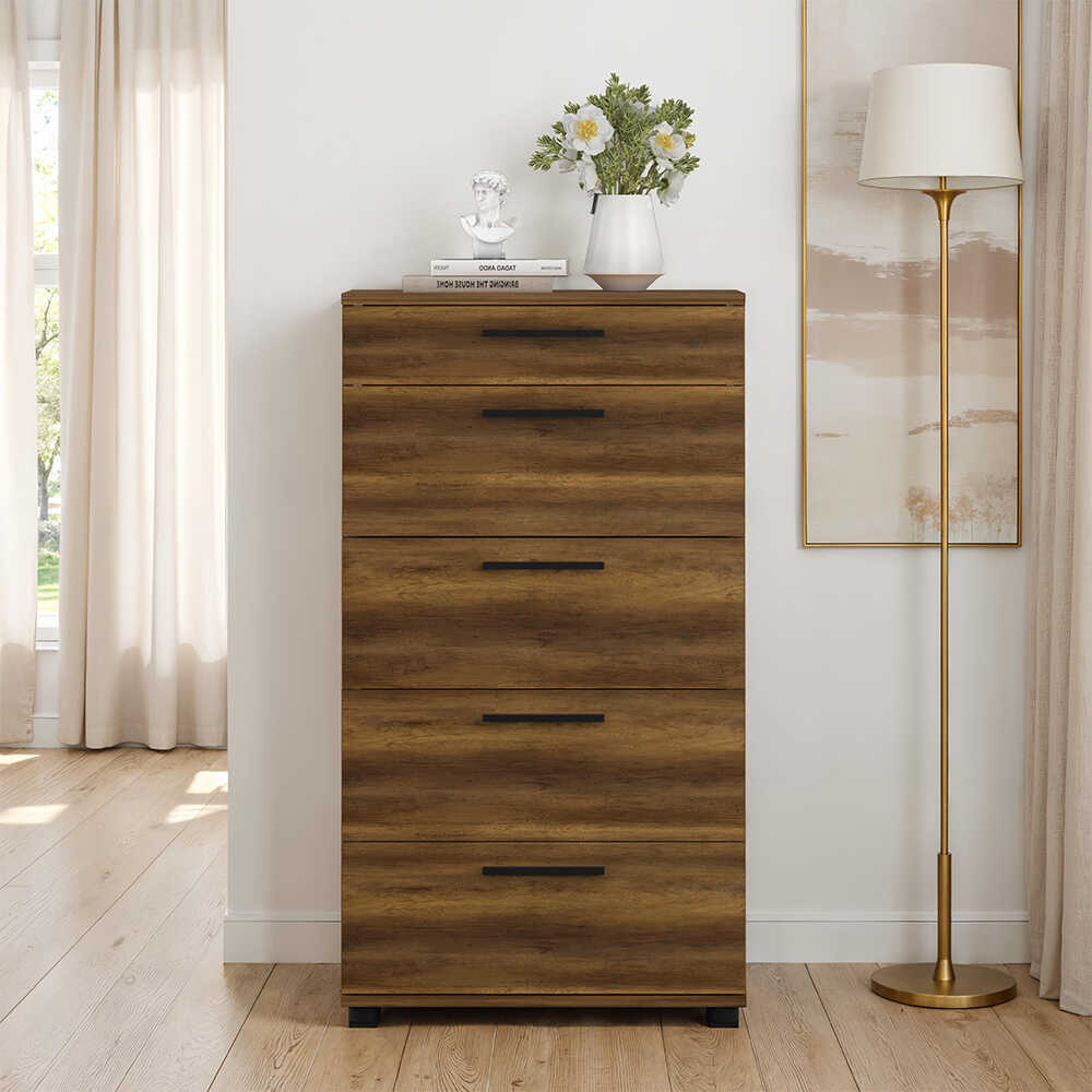 Comoda Adore Trendline cu 5 sertare, Alb - Maro - Stejar - Mov, 60x108x44 cm - Maro