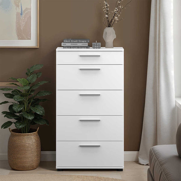 Comoda Adore Trendline cu 5 sertare, Alb - Maro - Stejar - Mov, 60x108x44 cm