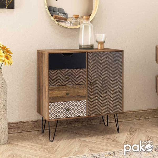 Comodă cu sertare și dulap Boho, Stil Boem, Lemn și Metal, 80x40x86 cm