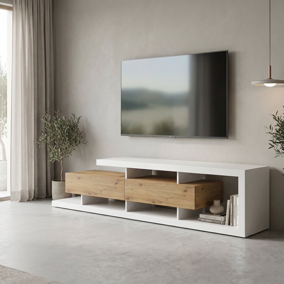 Comoda TV Arbero, 198x40x45 cm - Alb-Stejar