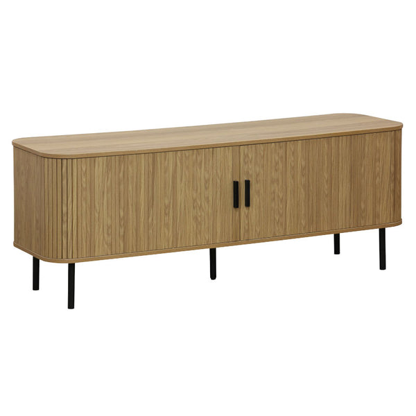Comoda TV - Consolă de dimensiuni medii Scandi MDF lemn Natural cu picioare din metal, negru, 150x45x58 cm