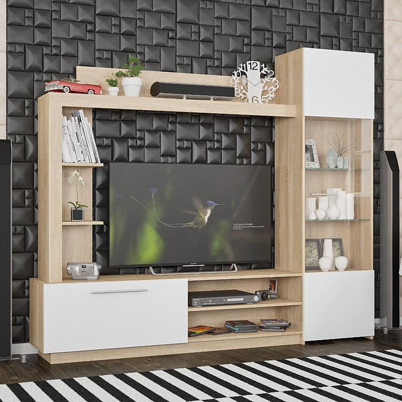 Comoda TV cu biblioteca June, Nuc - Stejar, 204x35x177 cm - Alb