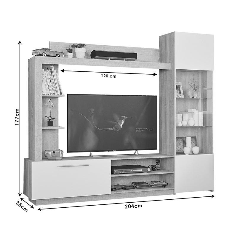 Comoda TV cu biblioteca June, Nuc - Stejar, 204x35x177 cm - Alb