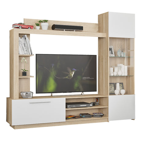Comoda TV cu biblioteca June, Nuc - Stejar, 204x35x177 cm