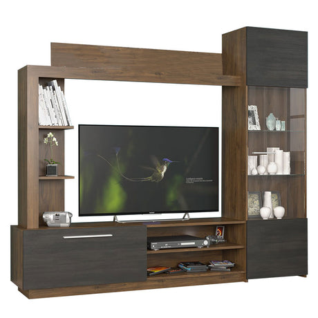Comoda TV cu biblioteca June, Nuc - Stejar, 204x35x177 cm