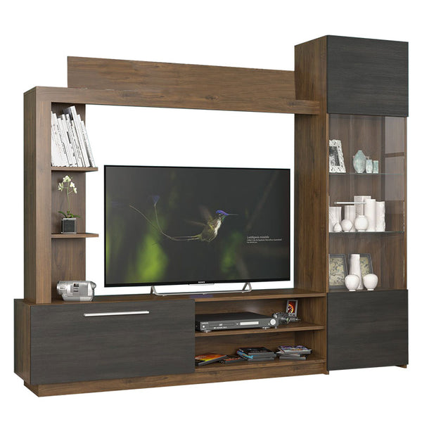 Comoda TV cu biblioteca June, Nuc - Stejar, 204x35x177 cm