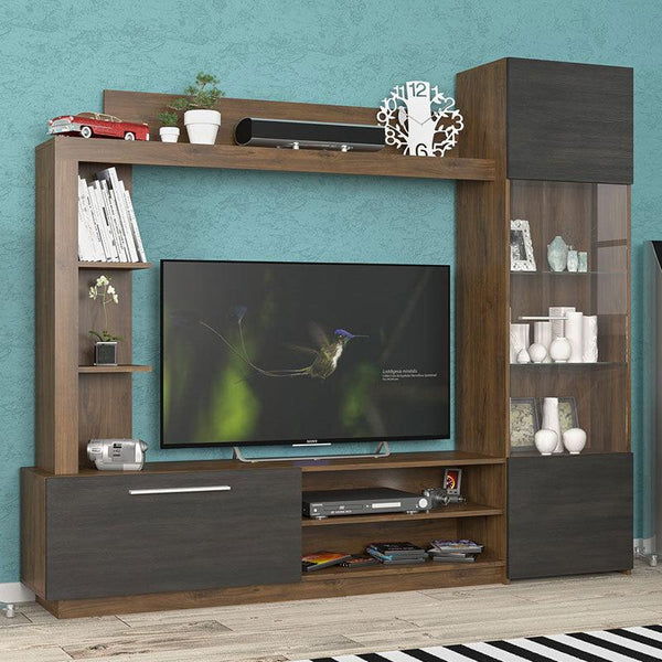 Comoda TV cu biblioteca June, Nuc - Stejar, 204x35x177 cm
