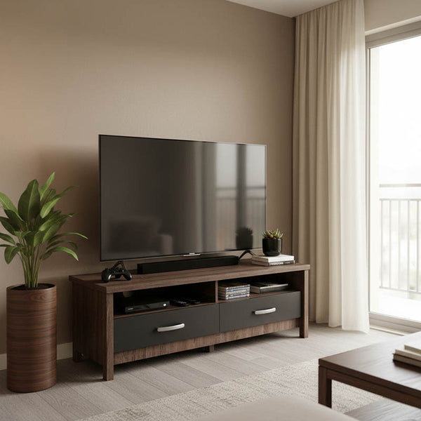 Comoda TV cu functie de ridicare, lemn, stejar-antracit, 120x45x42 cm