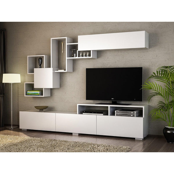 Comoda tv Elit cu Raft Suspendat, Alb - Nuc, 210x47x37 cm