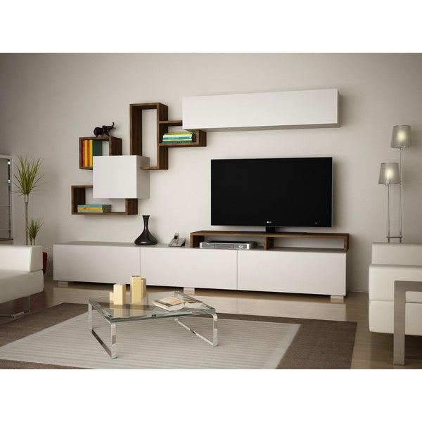 Comoda tv Elit cu Raft Suspendat, Alb - Nuc, 210x47x37 cm