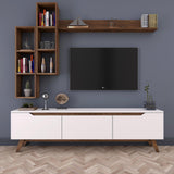 Comoda tv Hirvat cu biblioteca elegant, Alb - Nuc, 180x49x35 cm