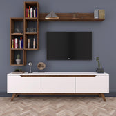Comoda tv Hirvat cu biblioteca elegant, Alb - Nuc, 180 x 49 x 35 cm