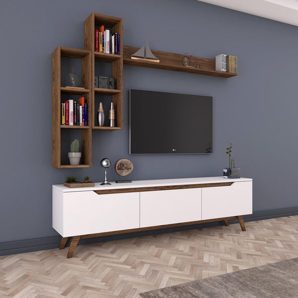 Comoda tv Hirvat cu biblioteca elegant, Alb - Nuc, 180x49x35 cm