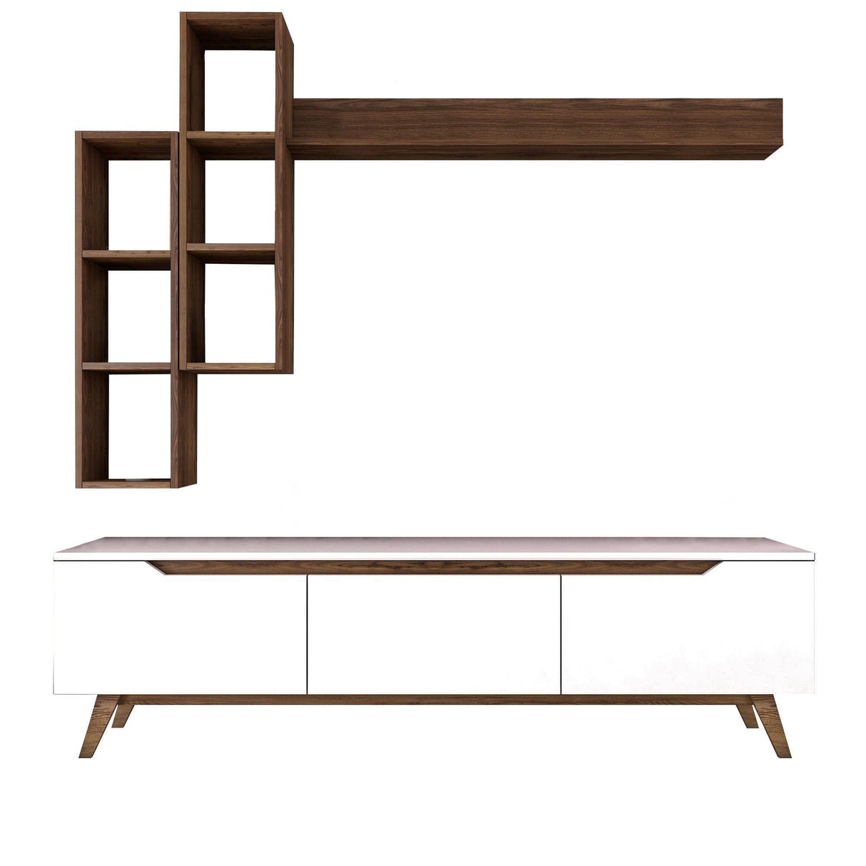 Comoda tv Hirvat cu biblioteca elegant, Alb - Nuc, 180x49x35 cm
