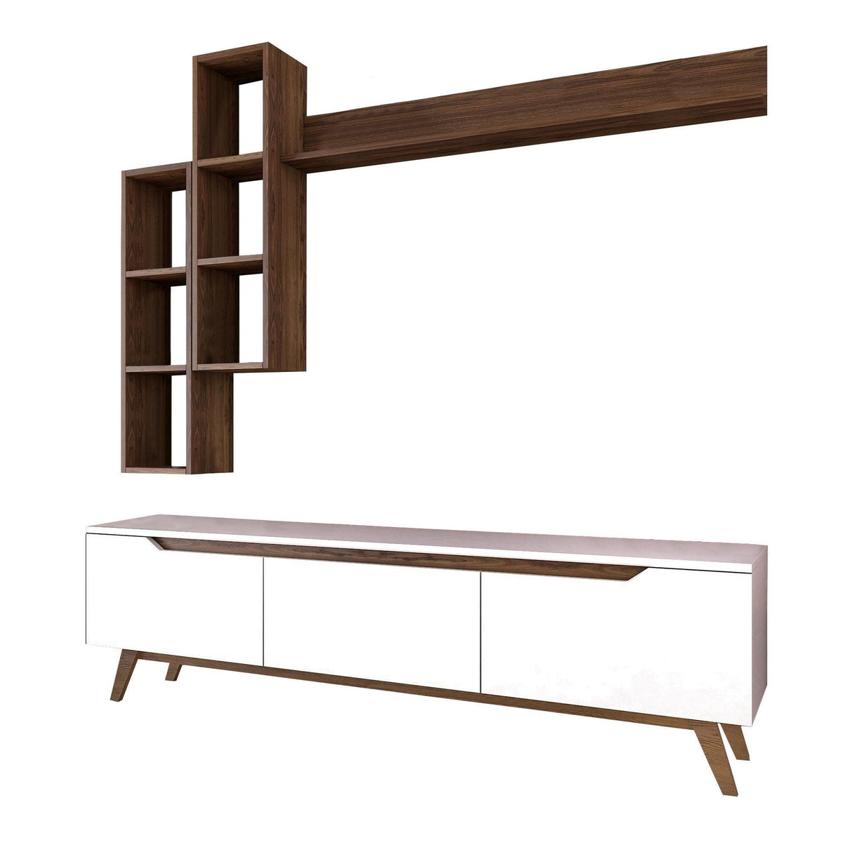 Comoda tv Hirvat cu biblioteca elegant, Alb - Nuc, 180x49x35 cm