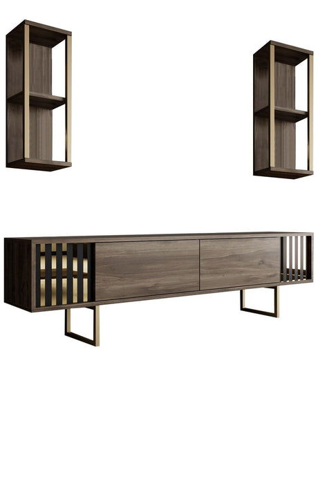 Comoda Tv Lux Gold Line Tv Stand Stylish, Alb - Nuc - Gri, 180 x 48 x 30 cm