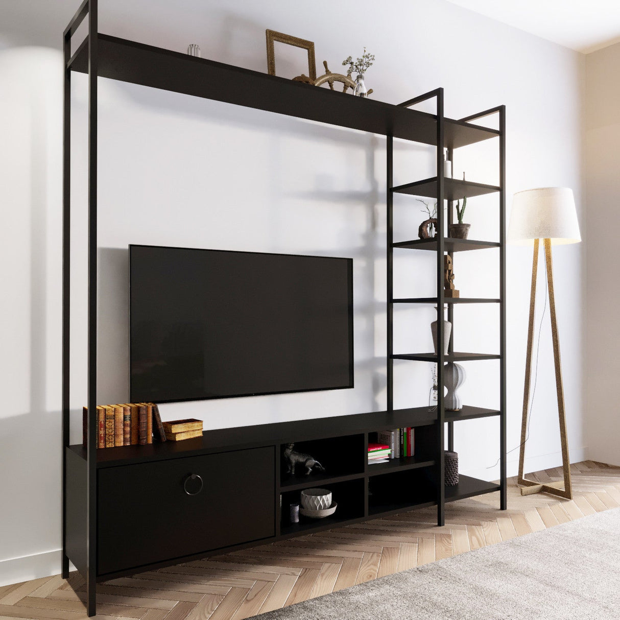 Comodă TV Mat, stejar, negru, alb, 180x180x40 cm - Negru