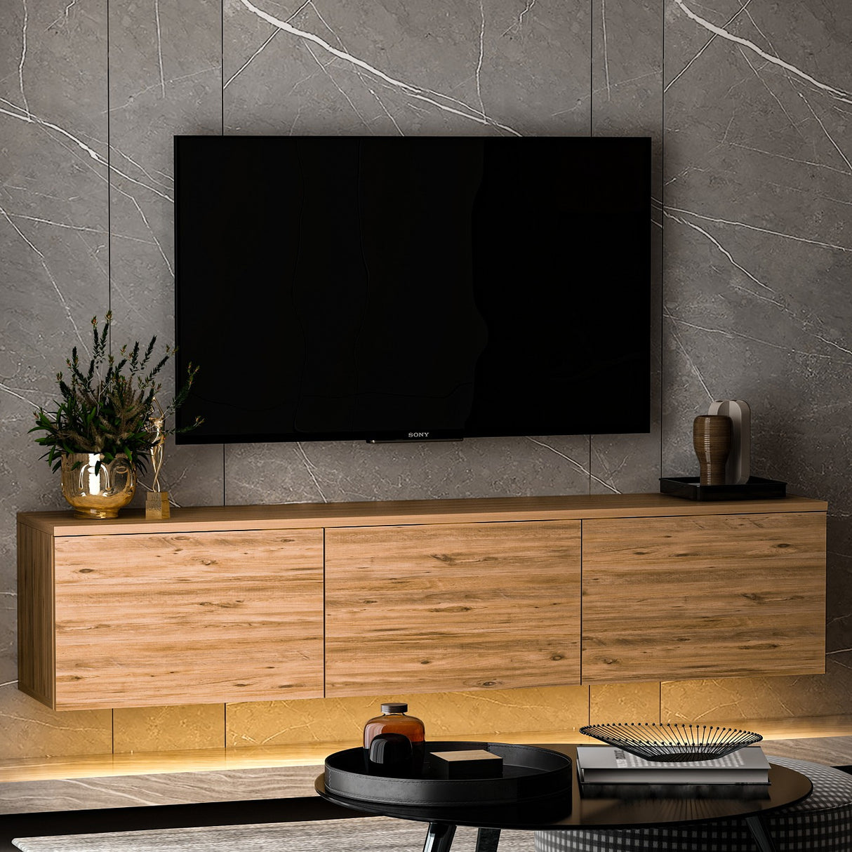 Comoda TV Neon Inarch, alb - stejar, pin atlantic, 160x32 cm - Atlantic Pine
