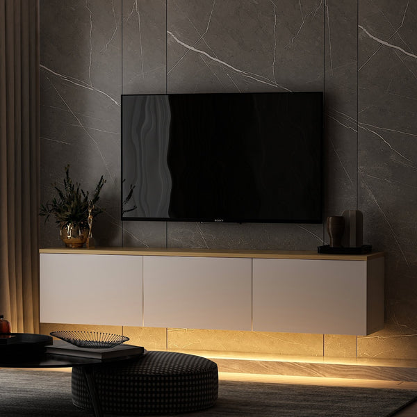 Comoda TV Neon Inarch, alb - stejar, pin atlantic, 160x32 cm