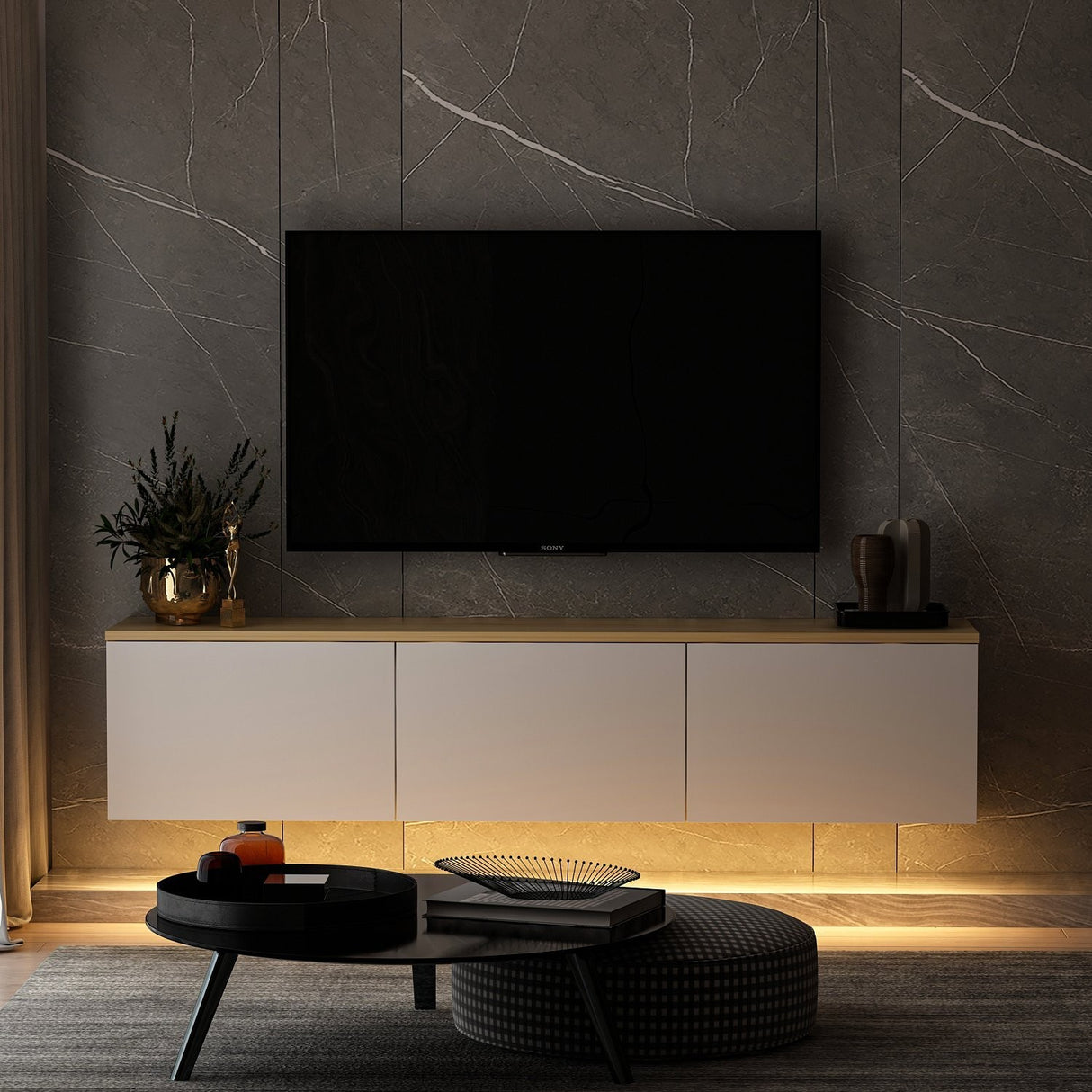 Comoda TV Neon Inarch, alb - stejar, pin atlantic, 160x32 cm - White
Oak