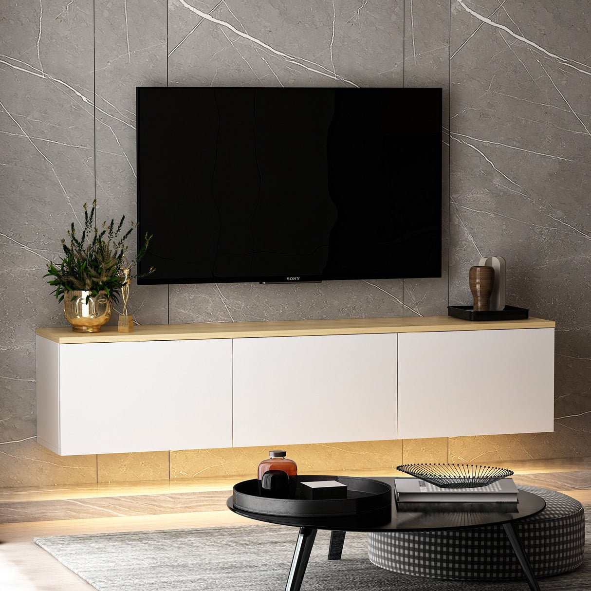 Comoda TV Neon Inarch, alb - stejar, pin atlantic, 160x32 cm - White
Oak