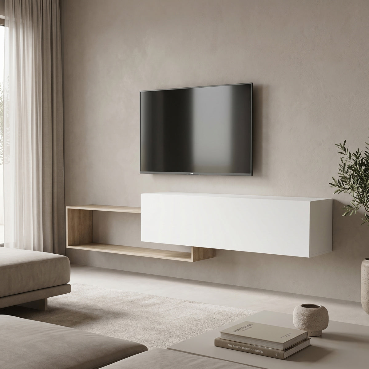 Comoda TV Olande, 210x35x48 cm - Sonoma-Alb