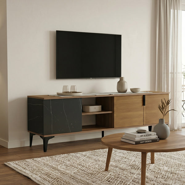 Comoda TV Riba tv cabinet, Nuc-Negru-Marmura, 180x34x51 cm