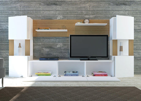 Comoda Tv Set cu dulapuri si rafturi , Alb, 240 x 125 x 32 cm