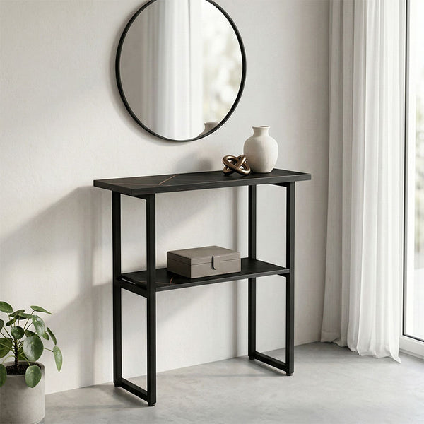 Consolă cu efect de marmură Solain, stil modern, metal, negru, 79x29x85 cm
