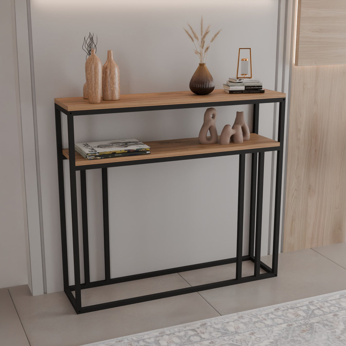 Consola Daleti, Metal, Stejar, 100x25x90 cm